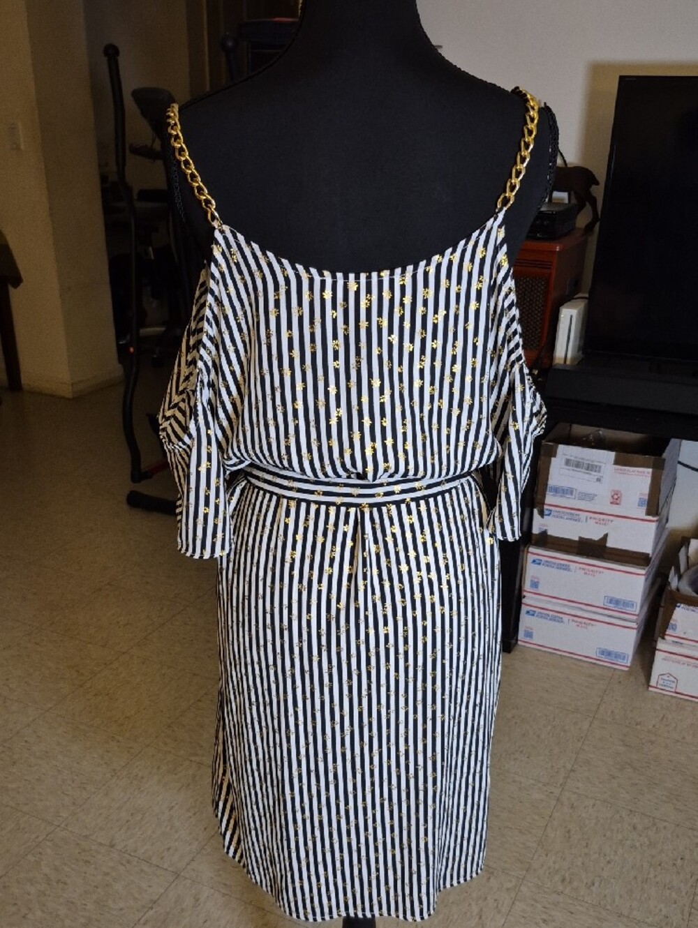 MICHAEL Michael Kors Black, White & Gold One-Shoulder Striped Dress - Picture 3 of 4